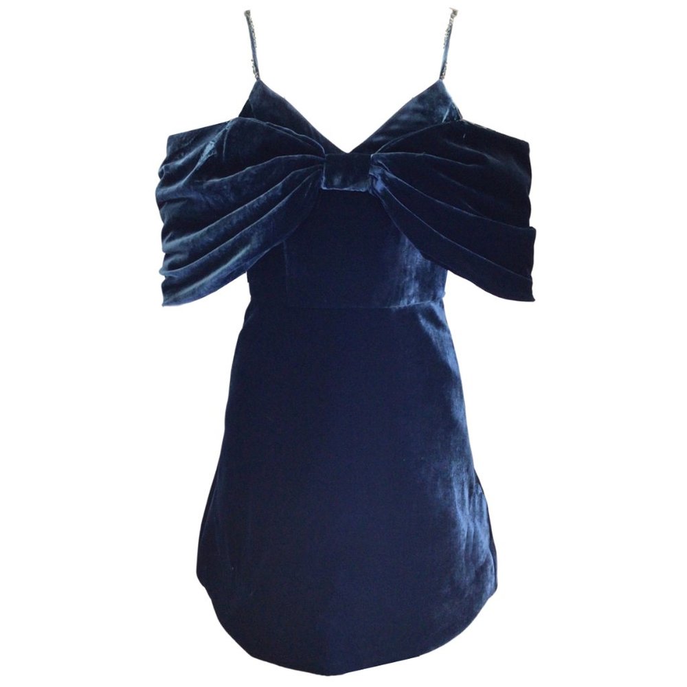 LEO LIN SOFIA MIDNIGHT BLUE VELVET BOW MINI DRESS